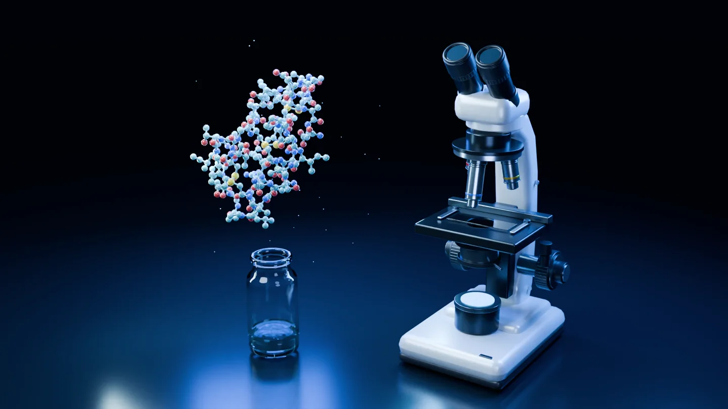 A rendered microscope beside a detailed protein model, ready to explore in 3D