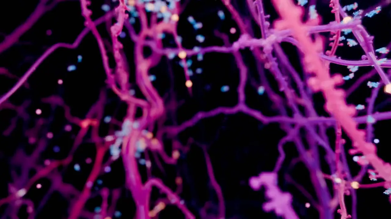 Human cortical neurons glowing pink and purple, with adenosine molecules drifting between them