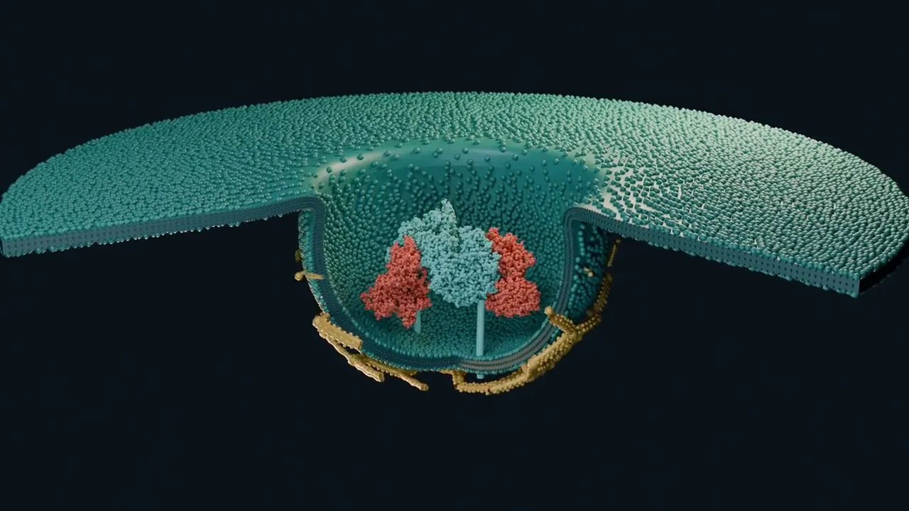 A membrane curving inward into a coated pit around clustered cargo