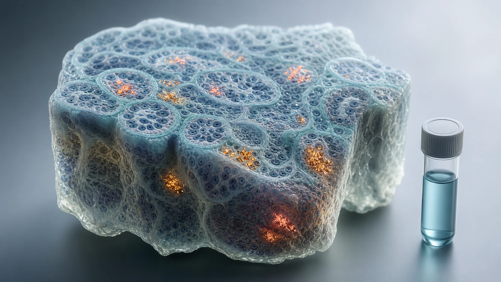 3D render of a tissue volume with biomarker signal clusters beside a sample vessel.