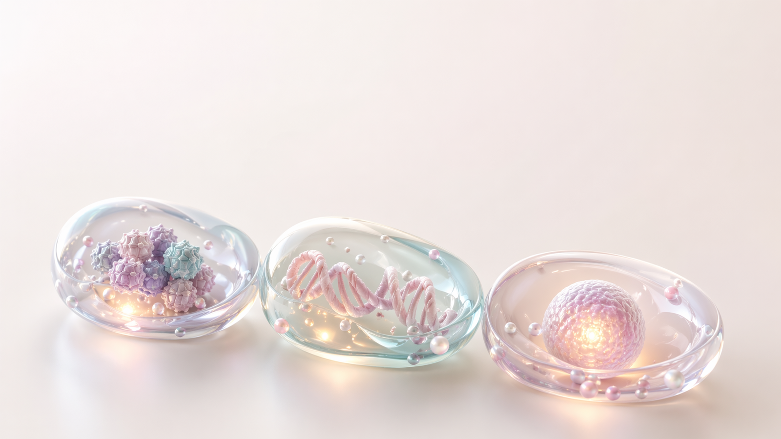 Three translucent pastel biomolecular chambers showing capsids a DNA payload and a glowing target structure