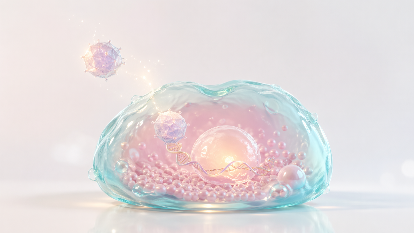 Pastel translucent cell-like chamber with AAV capsids approaching and a DNA ribbon near a glowing central structure