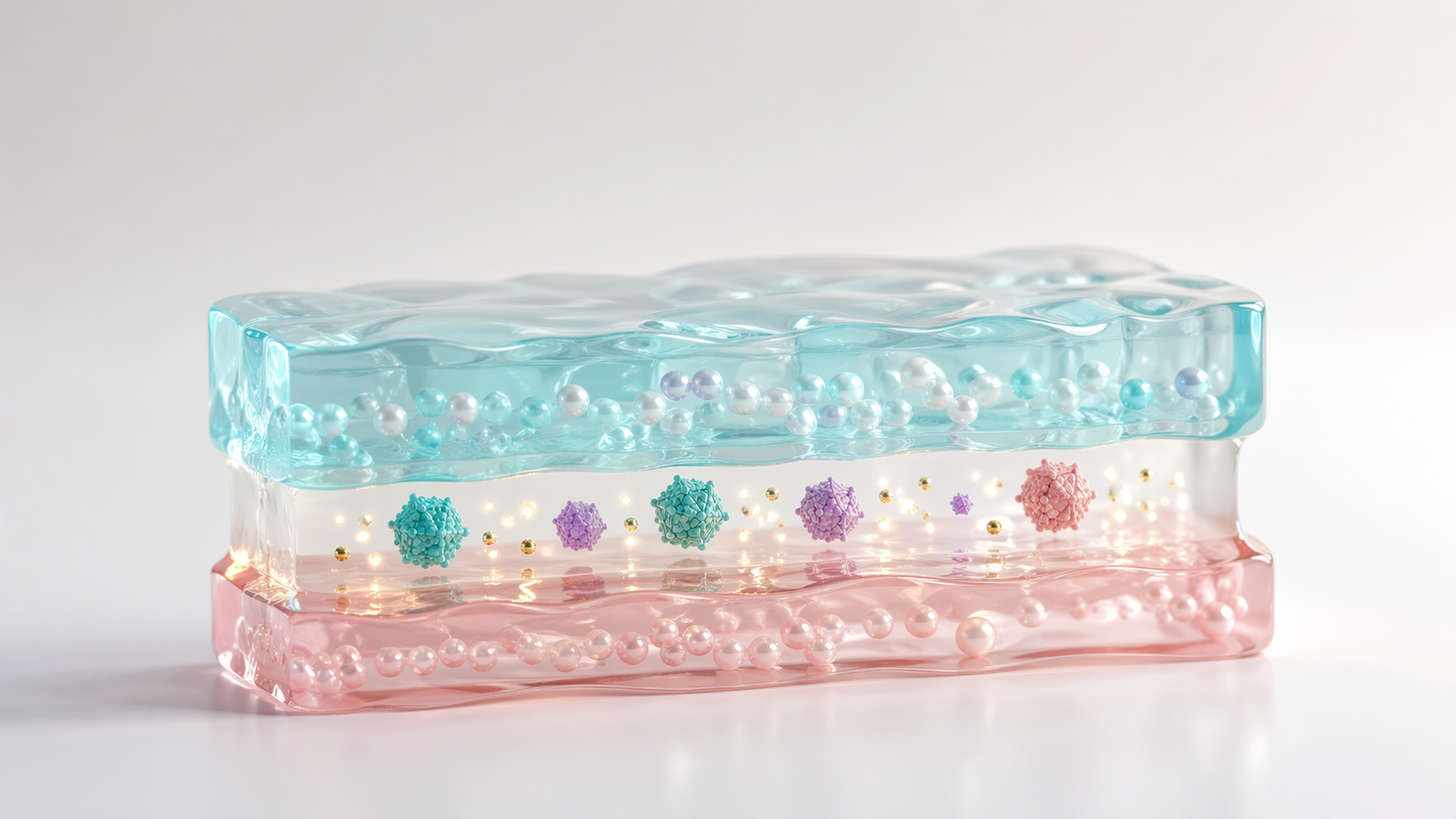 Layered translucent pastel biomaterial block with small AAV capsids and gold signal points in a central channel