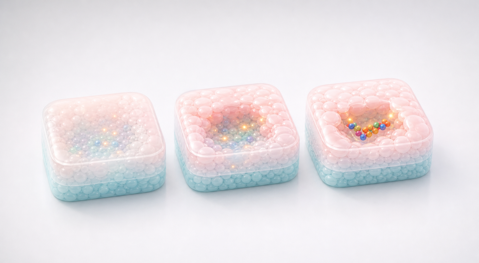 Three translucent pastel biomolecular tiles showing AI model outputs becoming a clearer binding pocket