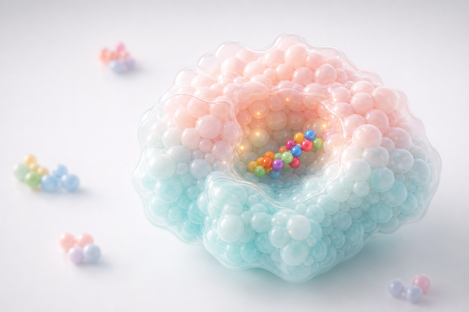 Glossy pastel biomolecular binding pocket with a colorful candidate ligand seated inside the cavity