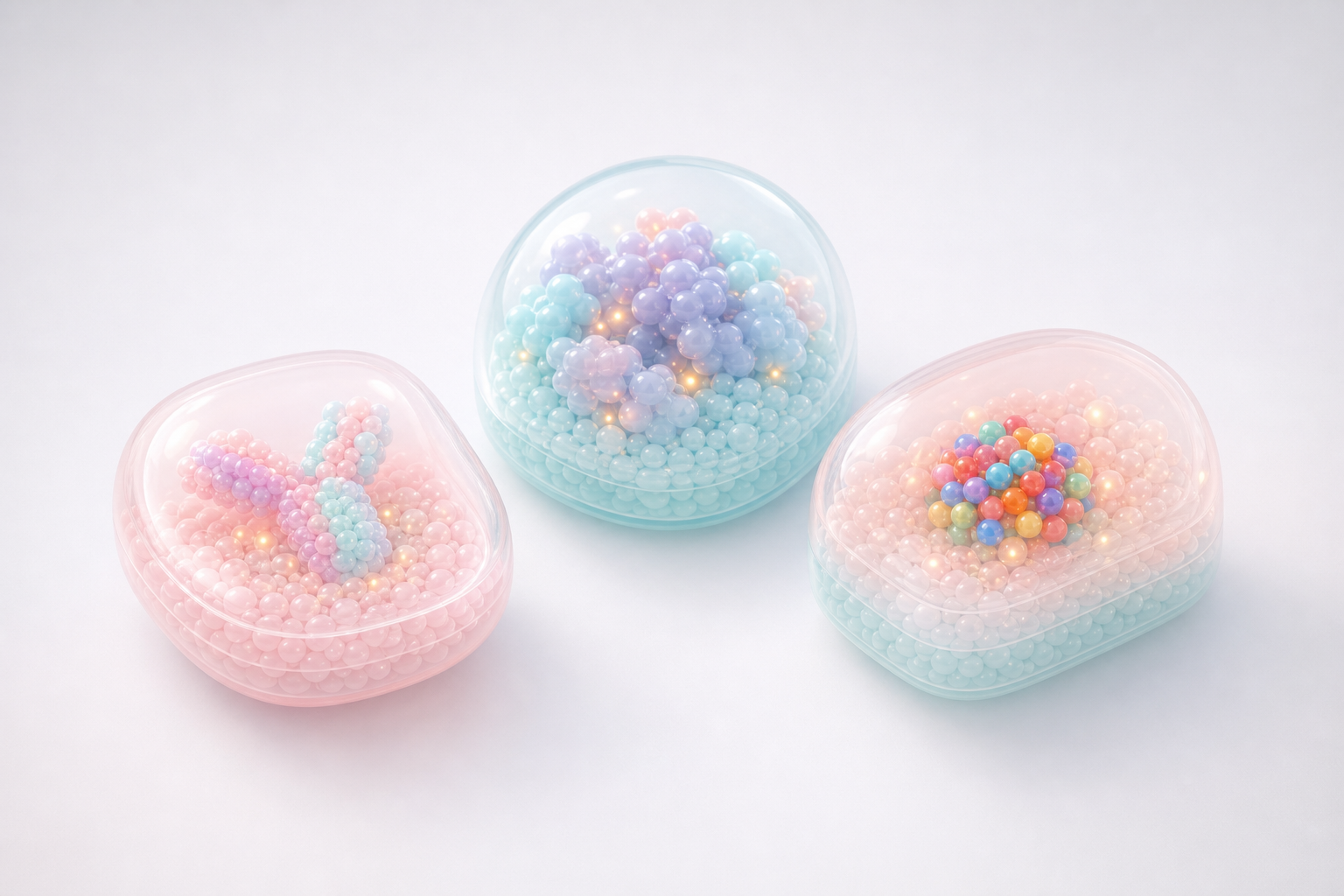 Three coordinated translucent biomolecular capsules representing a reusable AI discovery visual system