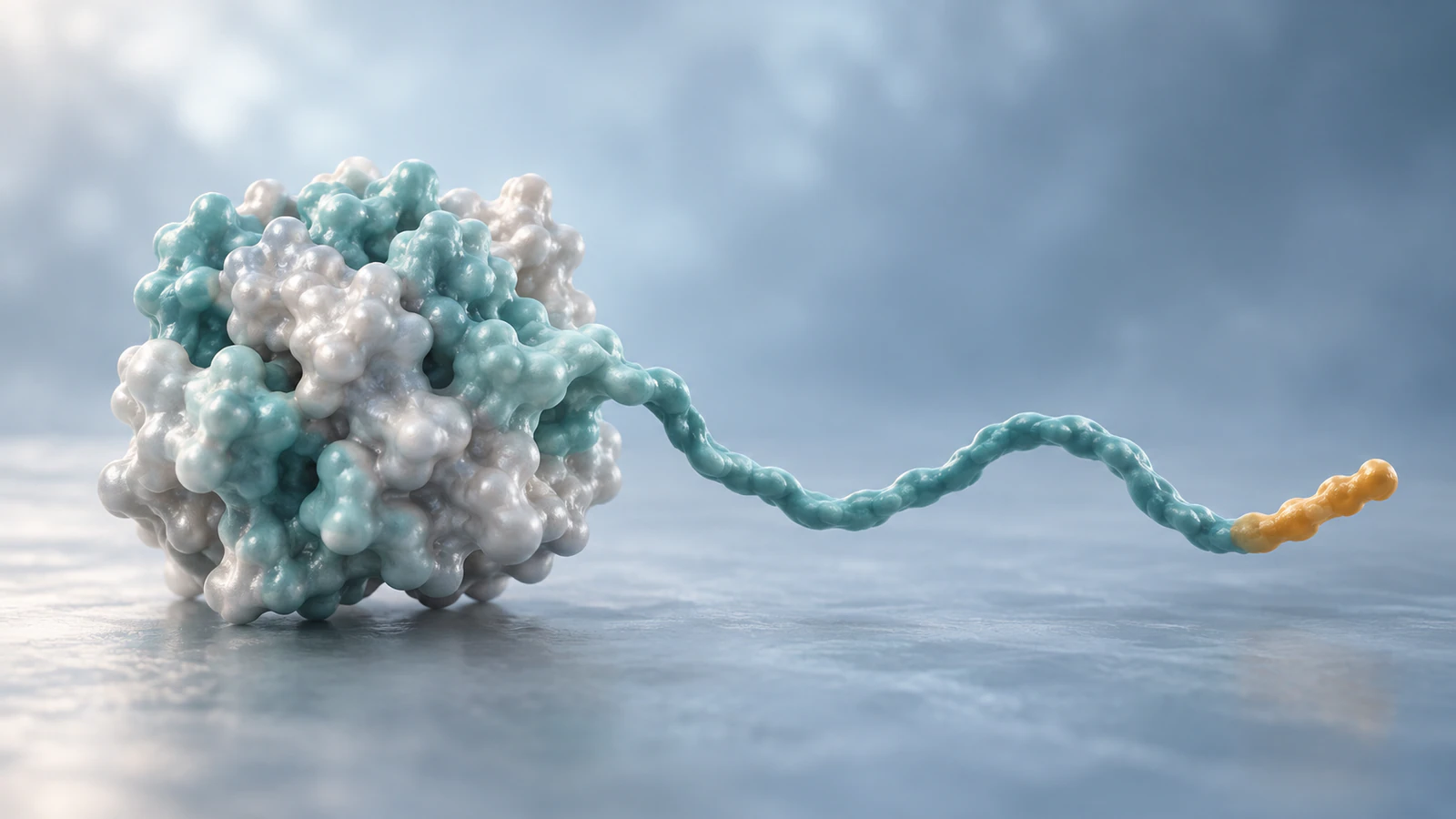 Conceptual compact protein surface with one long continuous extension and an amber tip