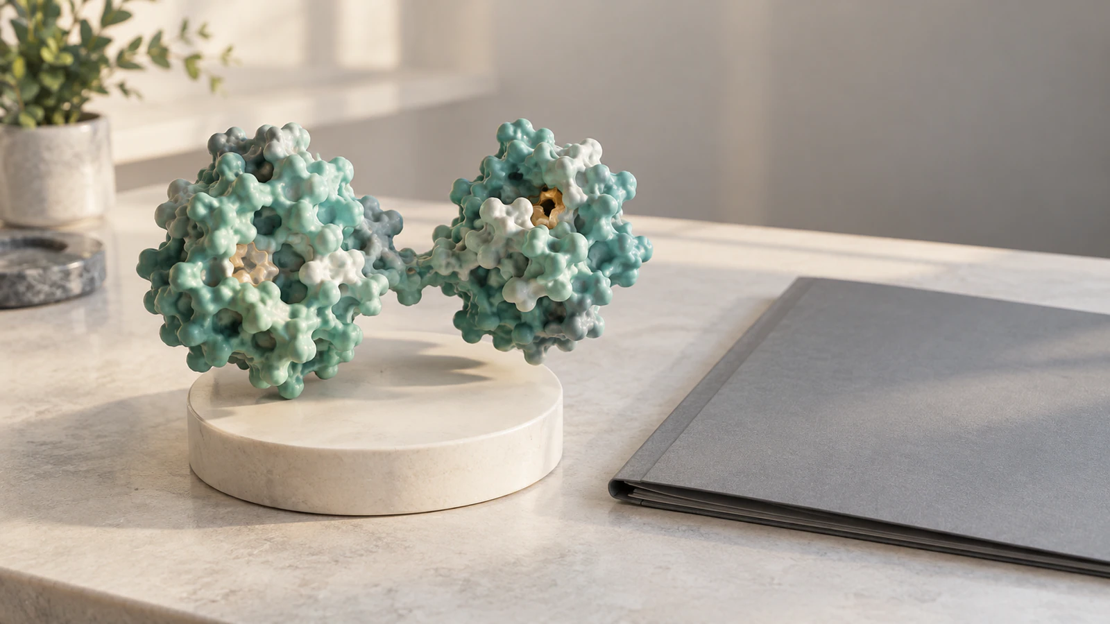 Unlabelled physical teaching model of two protein regions beside a plain archive folder