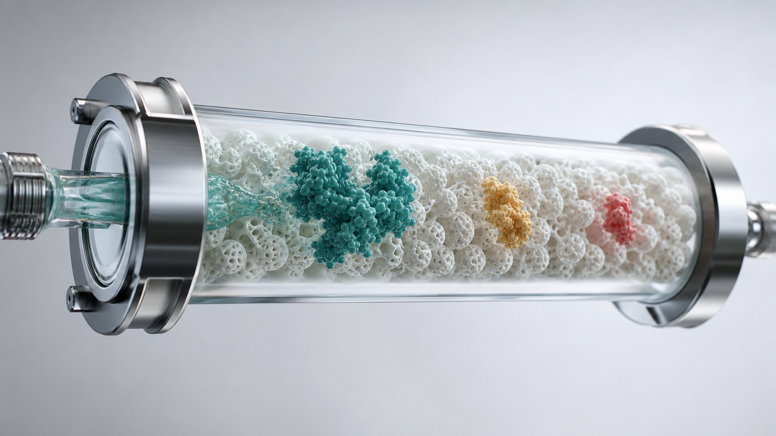 Wide 3D render of HPLC purity separation with a teal biologic protein moving through a pearl chromatography matrix.