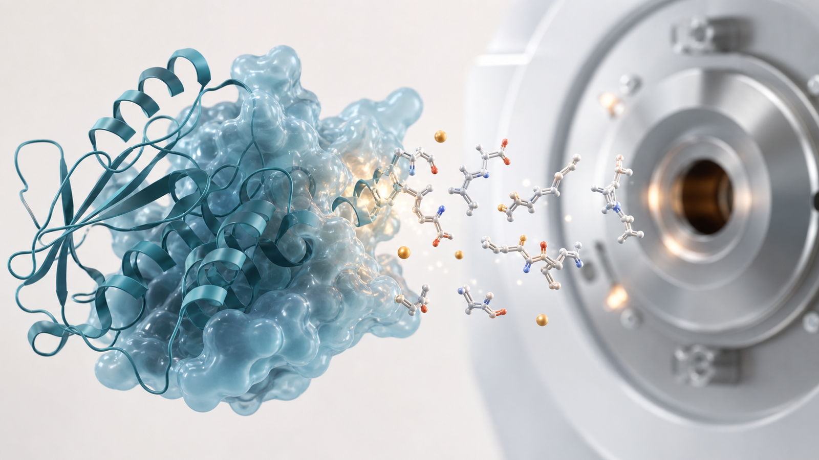 Wide 3D render of a folded biologic protein transitioning into peptide fragments near a mass spectrometry aperture.