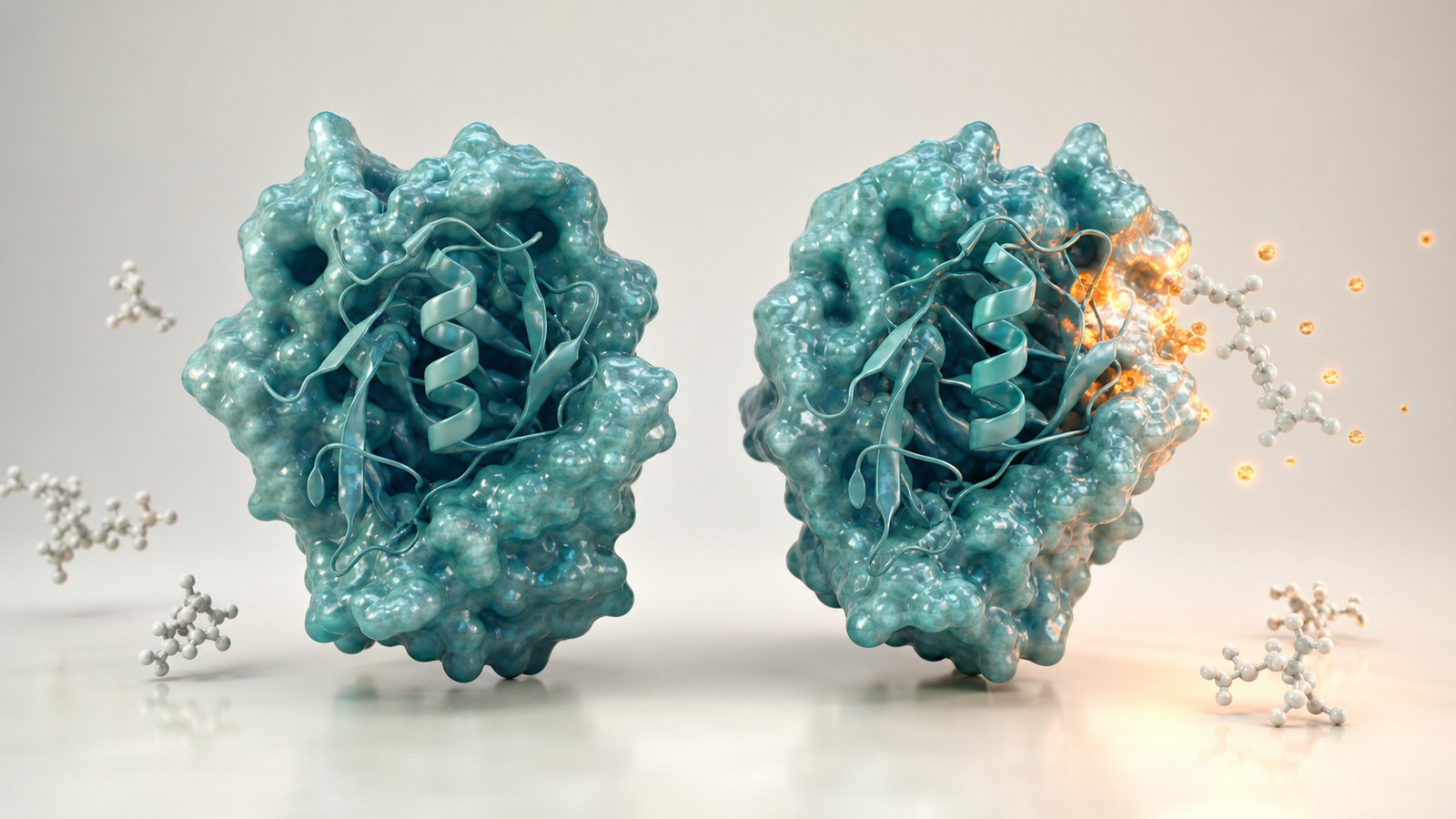 Wide 3D render of two aligned teal biologic protein states with subtle amber stress-light and molecular fragments.