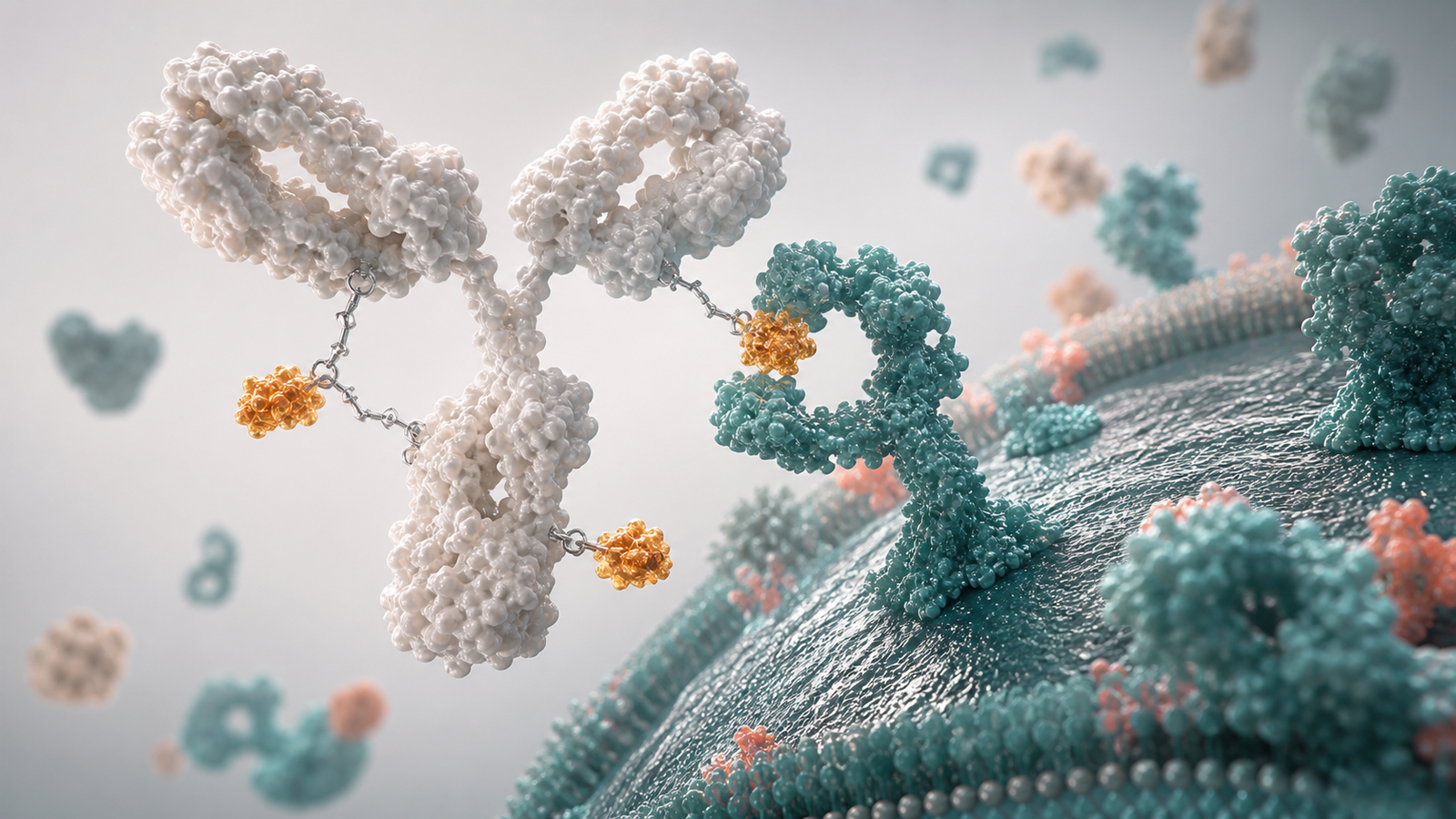 Wide 3D render of a pearl antibody drug conjugate binding a teal tumor cell membrane receptor with amber payloads attached.