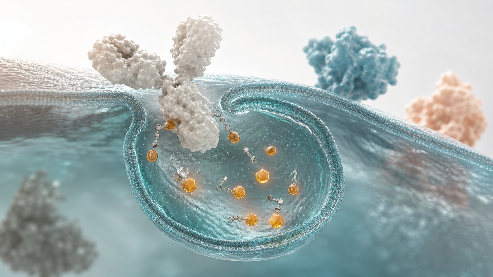 Wide 3D render of an antibody drug conjugate internalized into a translucent teal vesicle with amber payload molecules releasing.