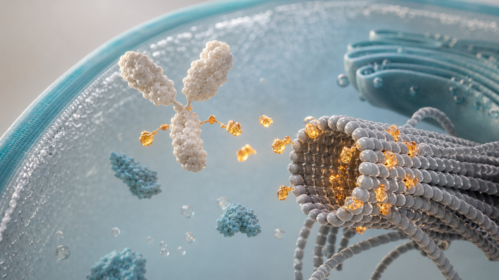 Wide 3D render of amber ADC payload molecules interacting with a silver gray intracellular target structure.