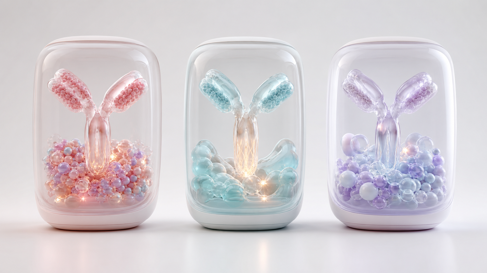 Three translucent pastel antibody engineering display pods showing binding, Fc function and developability concepts on a light studio background