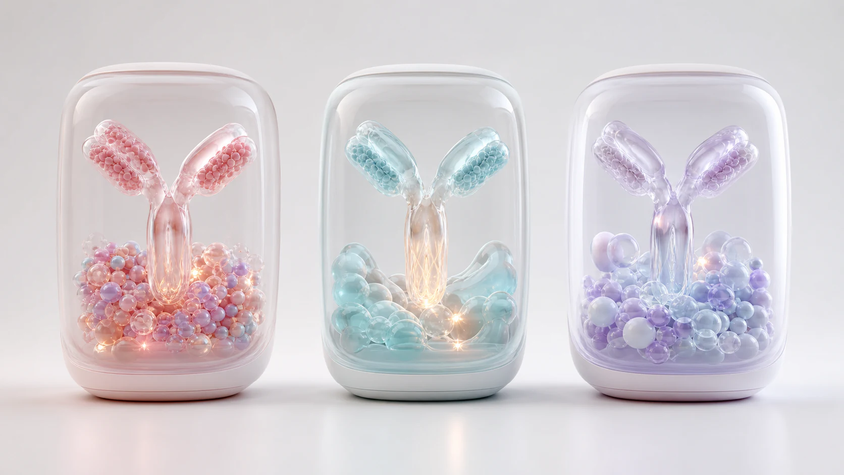 Three translucent pastel antibody engineering display pods showing binding, Fc function and developability concepts on a light studio background