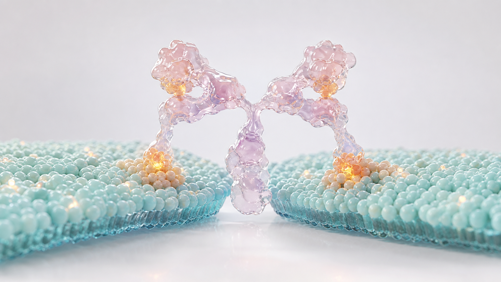A glossy translucent antibody bridges two pastel biomolecular membrane surfaces with warm binding-site glows