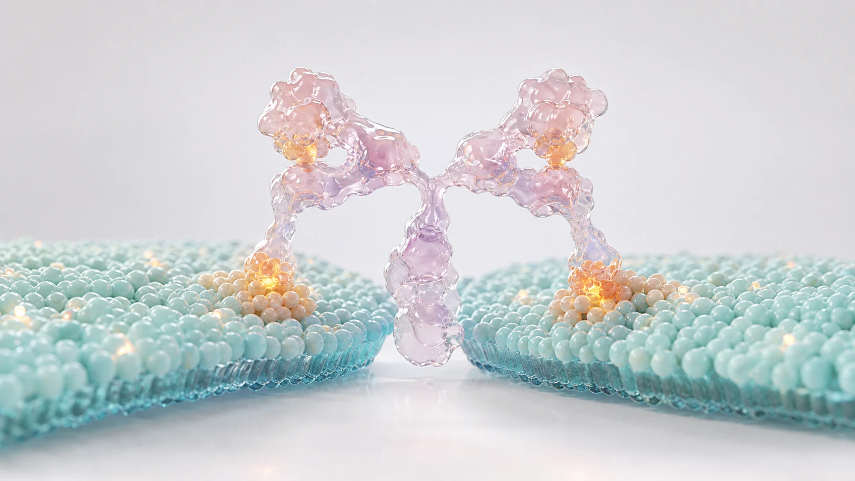 A glossy translucent antibody bridges two pastel biomolecular membrane surfaces with warm binding-site glows