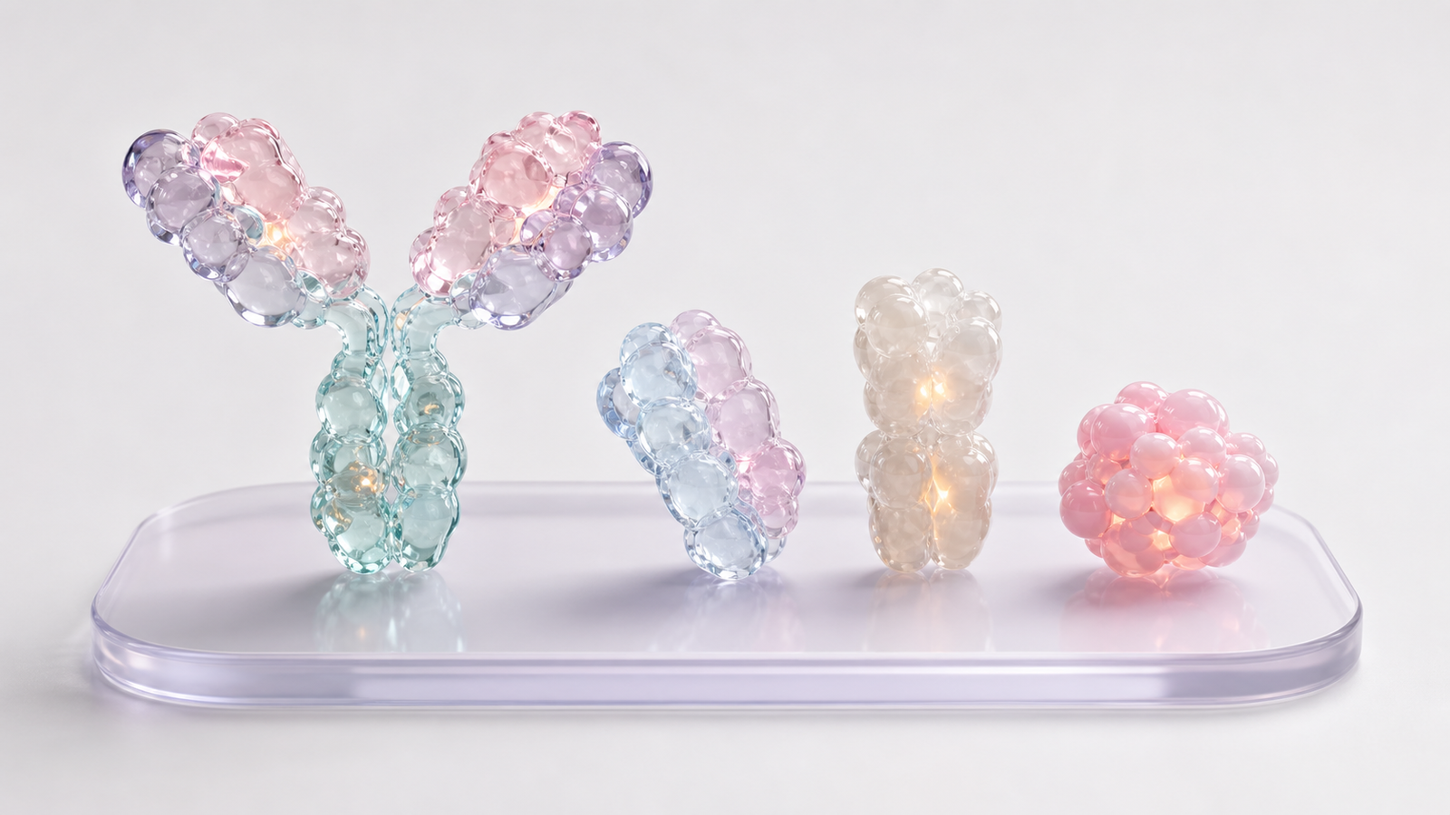 A clean studio render of reusable antibody platform modules on a translucent pastel base
