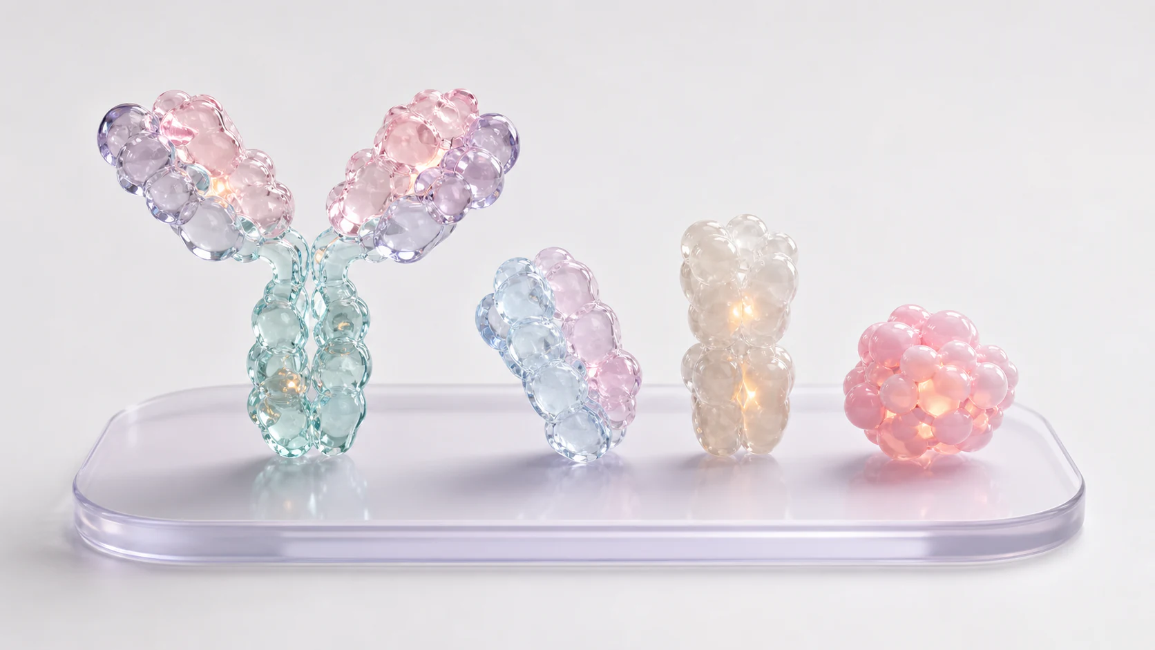 A clean studio render of reusable antibody platform modules on a translucent pastel base