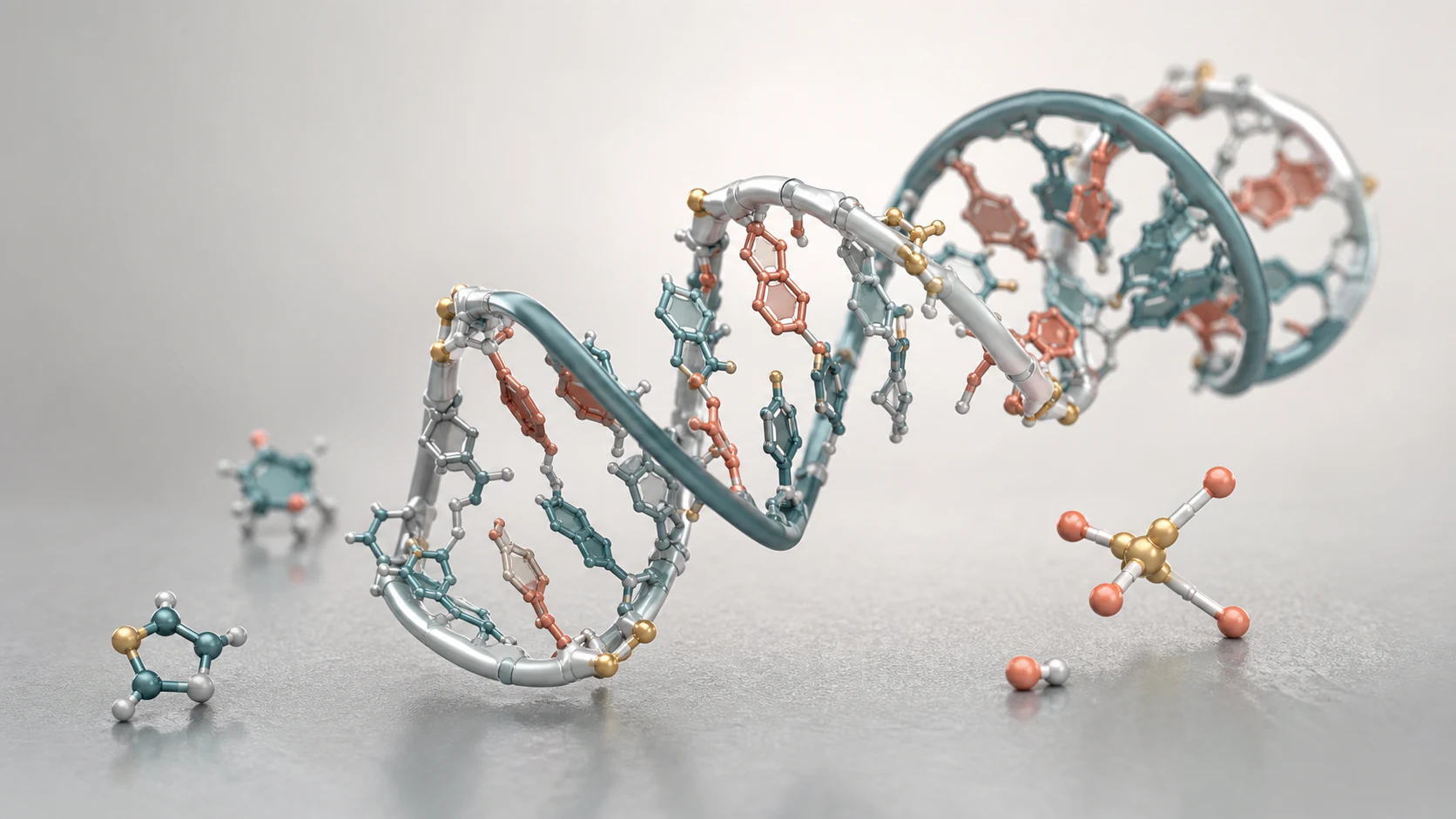 Premium 3D render of an engineered ASO and RNA duplex with subtle chemistry modification accents.