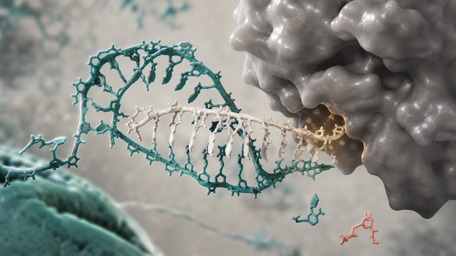 Premium 3D render of an antisense oligonucleotide bound to target RNA beside an RNase H protein surface.