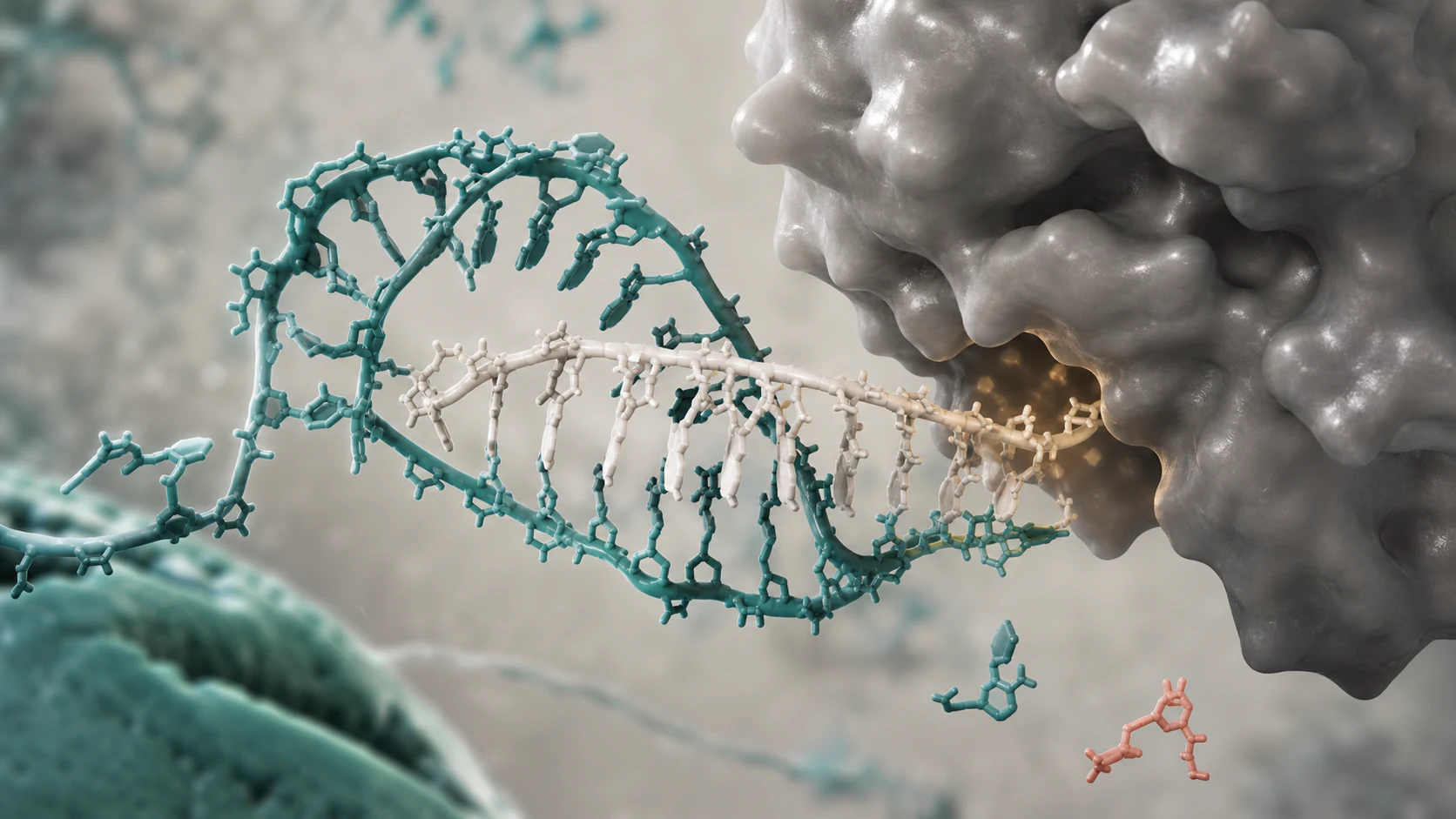 Premium 3D render of an antisense oligonucleotide bound to target RNA beside an RNase H protein surface.