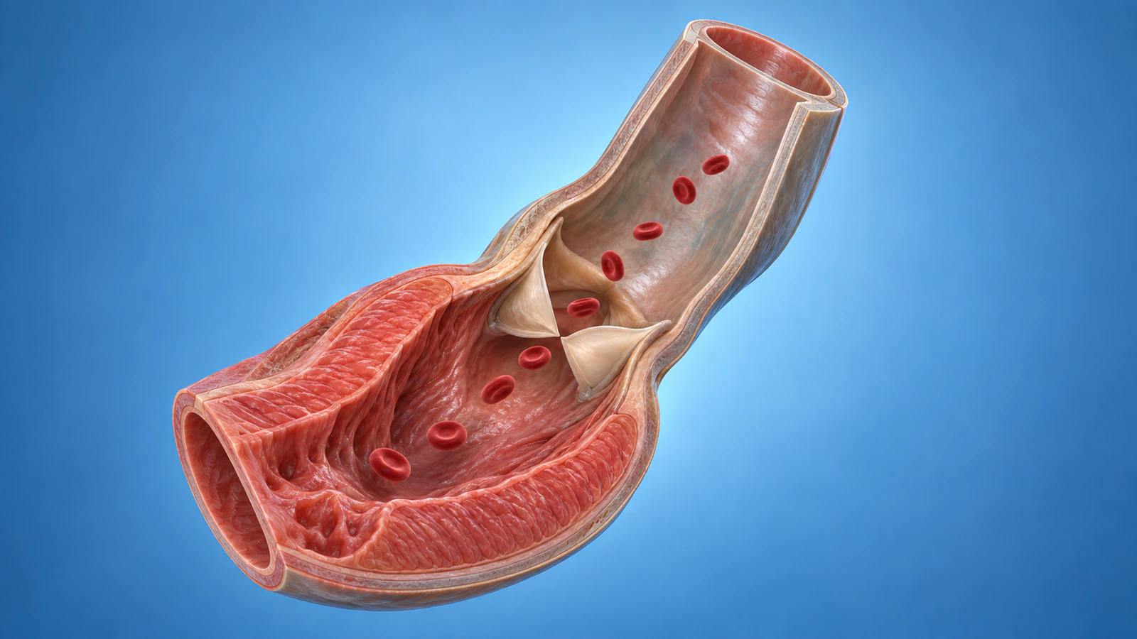 Longitudinal cutaway of ventricular outflow and aortic root with an open valve and sparse enlarged red blood cells along the lumen