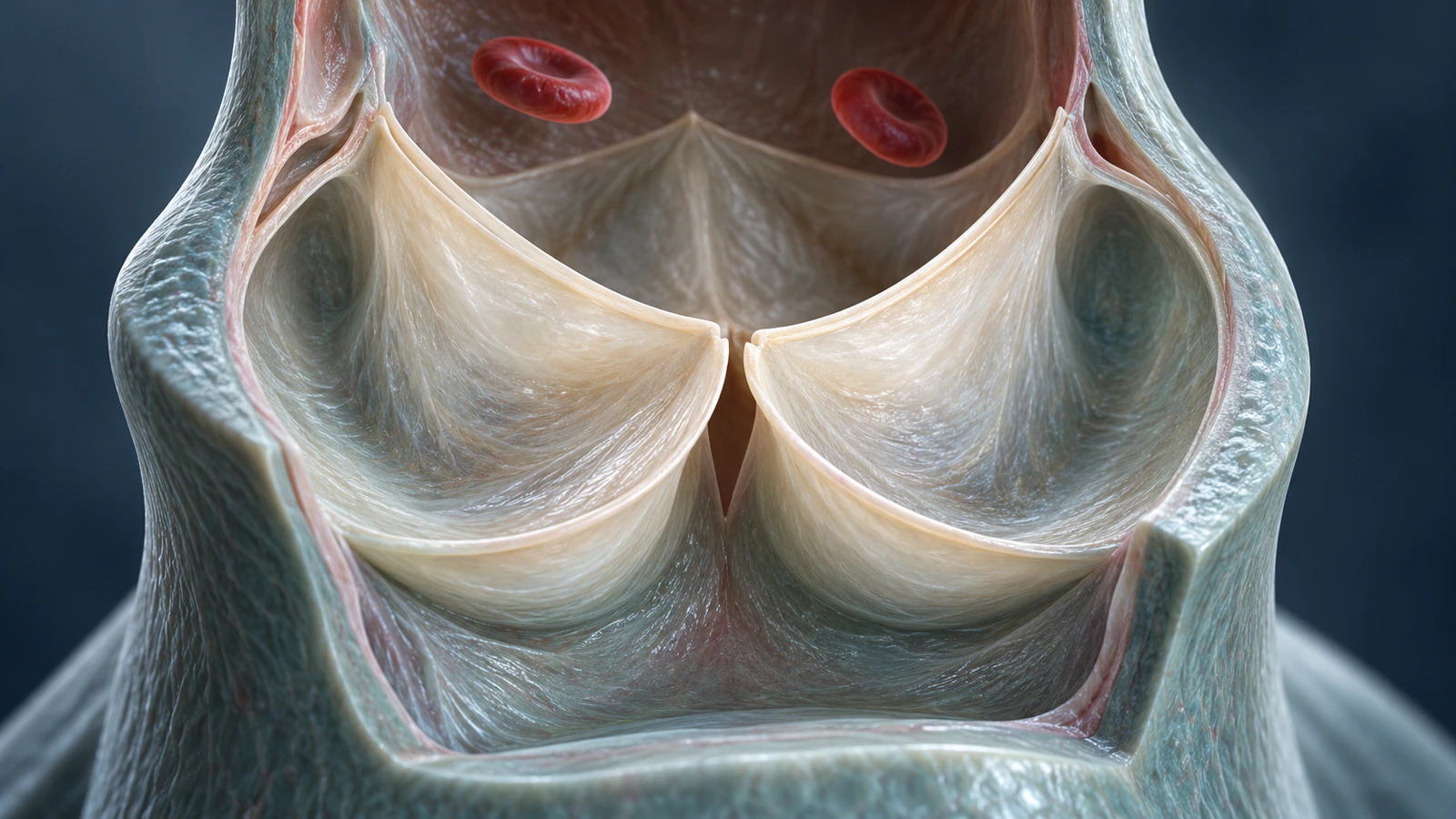 Side cutaway of a three-cusp native aortic valve with leaflets approaching the central gap and red cells on the aortic side