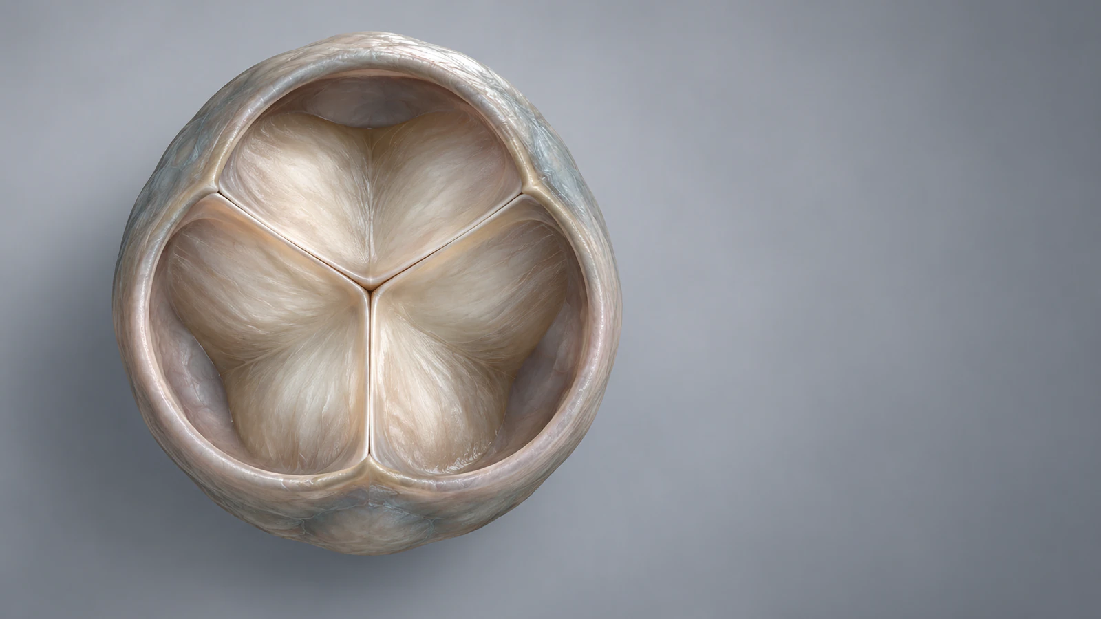Axial view from the aortic side of a closed three-cusp native valve with free edges meeting along a central three-armed contact seam