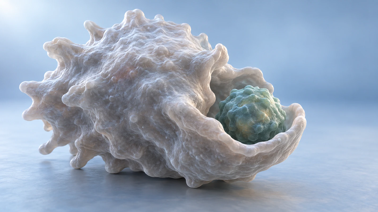 A pearl-colored conceptual macrophage forms an open cup around a smaller teal apoptotic body.