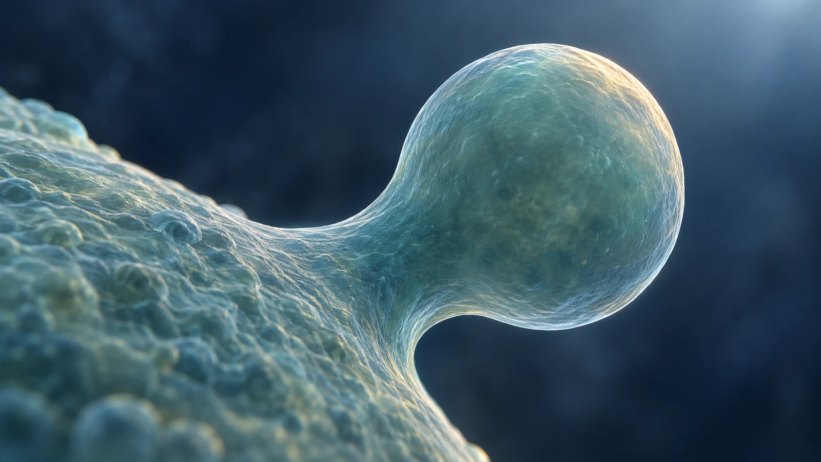 An attached membrane bleb curves continuously from the surface of a conceptual animal cell.