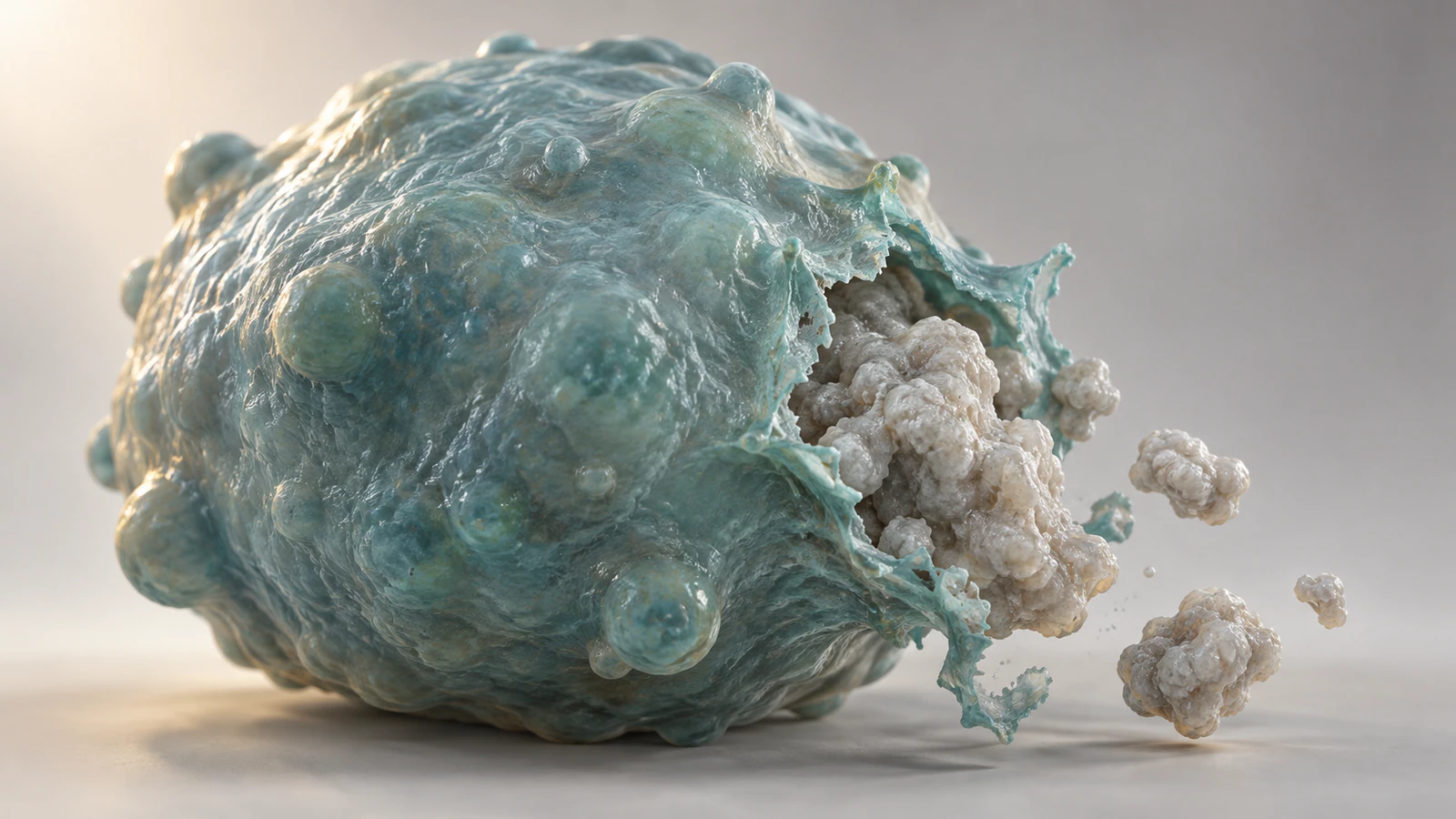 A conceptual cell has an irregular membrane breach with pale cytoplasmic material outside the boundary.