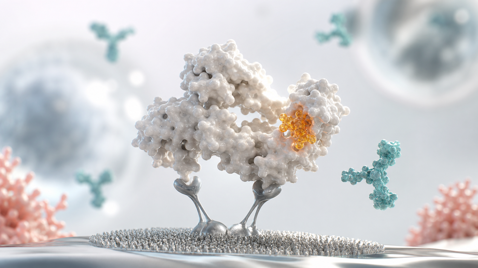 Premium 3D render of a biomarker complex captured on a bioanalytical assay surface with a restrained amber signal.