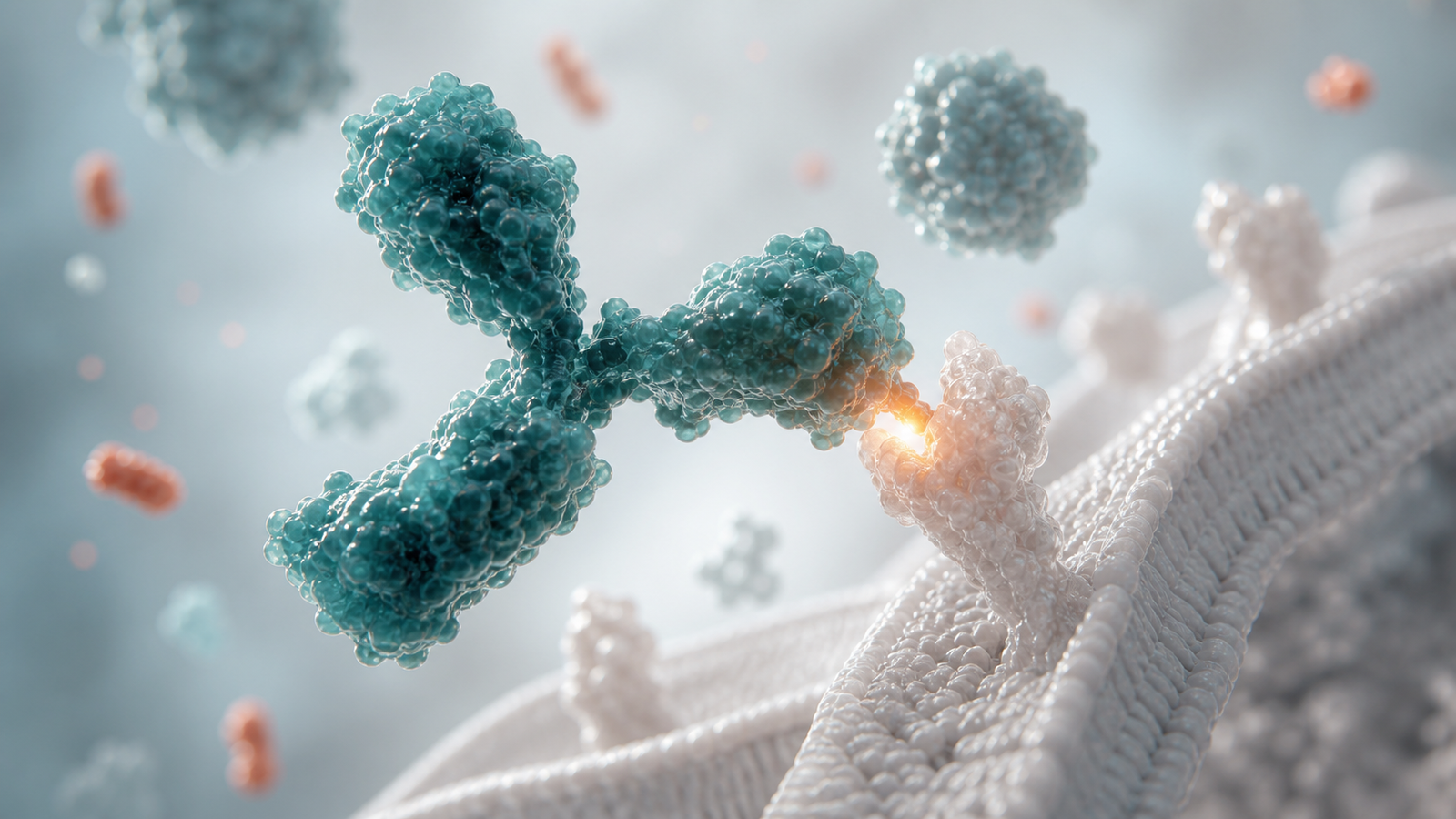 Wide 3D render of a therapeutic antibody-like molecule engaging a receptor with a subtle amber signal.