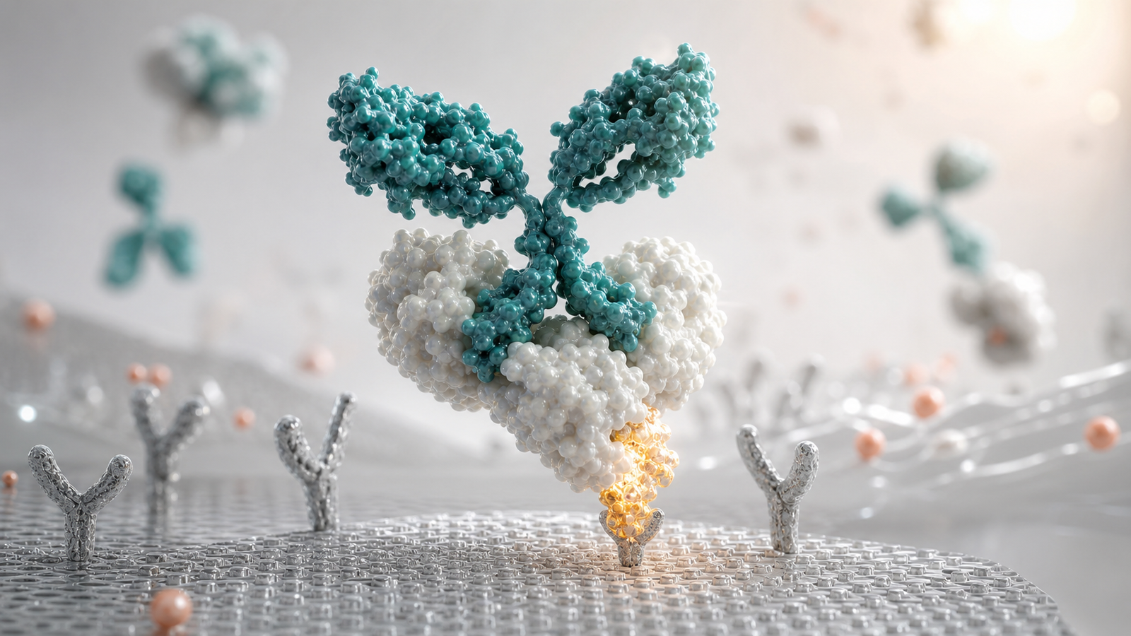 3D scientific render of a therapeutic protein bound by an anti-drug-antibody-like complex on a clean assay surface.