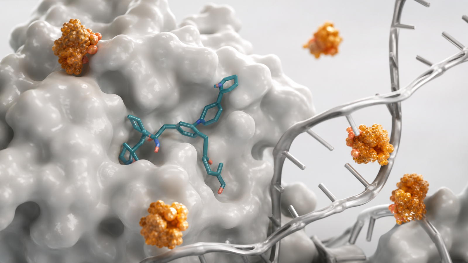 Wide 3D render of a pearl protein surface, teal ligand path and silver nucleic acid strand for target discovery evidence.
