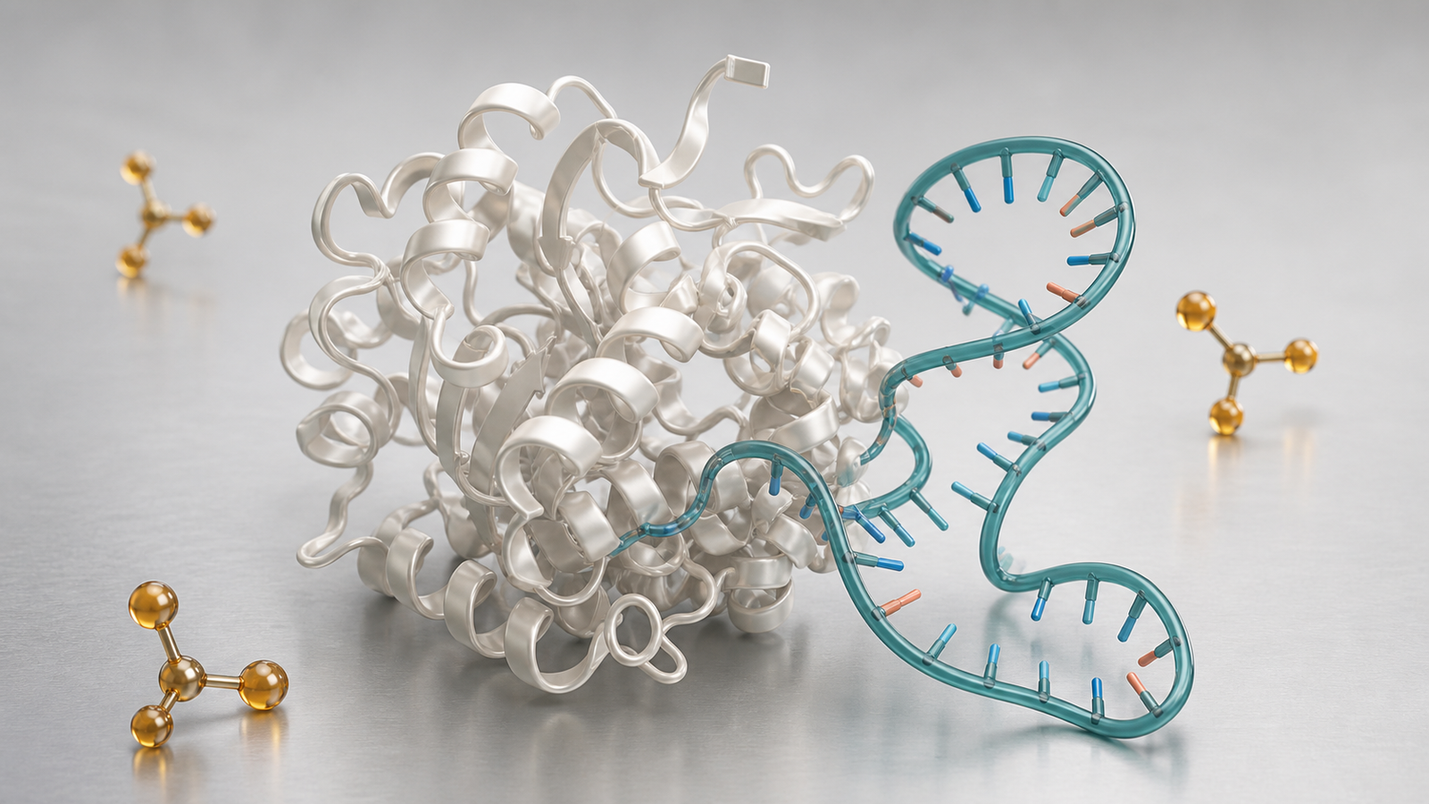 Wide 3D render of a pearl protein ribbon beside a muted teal RNA strand with sparse amber molecular markers.