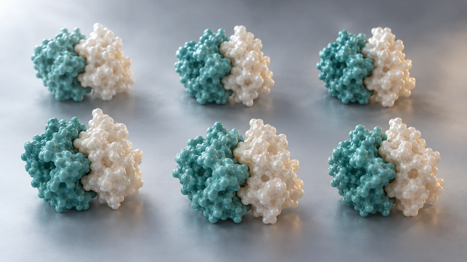 Six repeated pairs of teal and pearl protein-like surfaces occupy an orderly receding array.