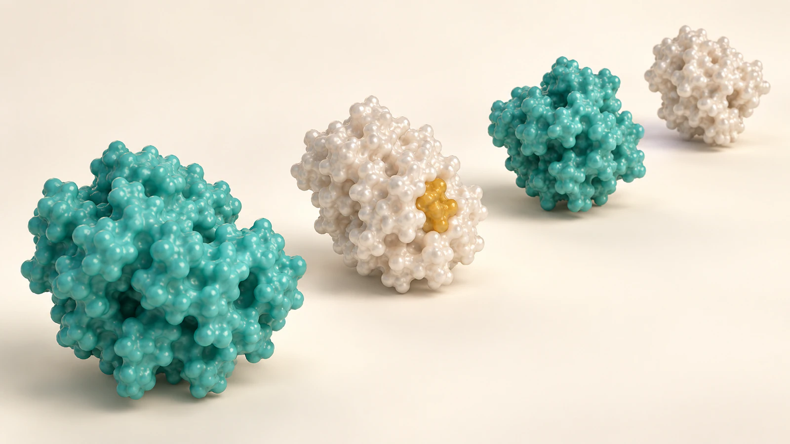 Four separate teal and pearl protein-like subunits recede diagonally across a warm ivory background.