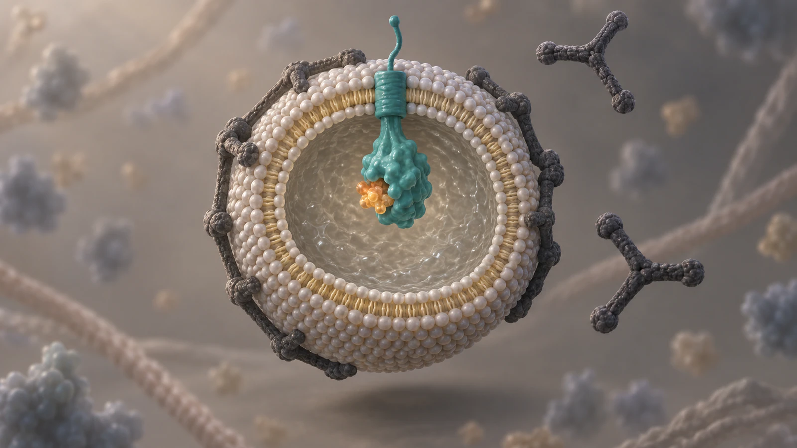 Cutaway of a closed cytosolic vesicle with amber cargo inside, the receptor facing its lumen and clathrin struts separating outside.