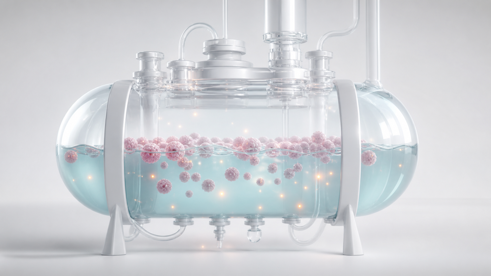 Pastel translucent bioreactor render showing upstream bioprocess story architecture