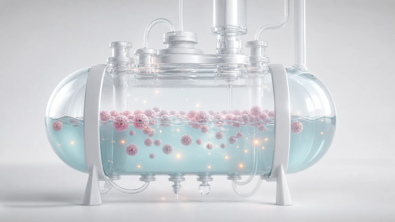 Pastel translucent bioreactor render showing upstream bioprocess story architecture