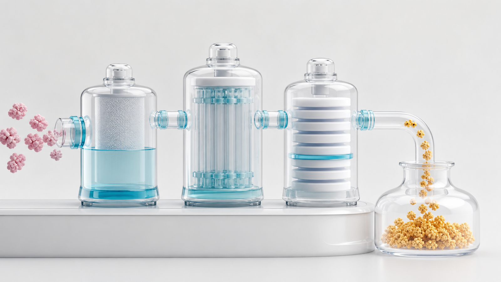 Glossy pastel downstream purification modules with amber product particles in a clear vessel