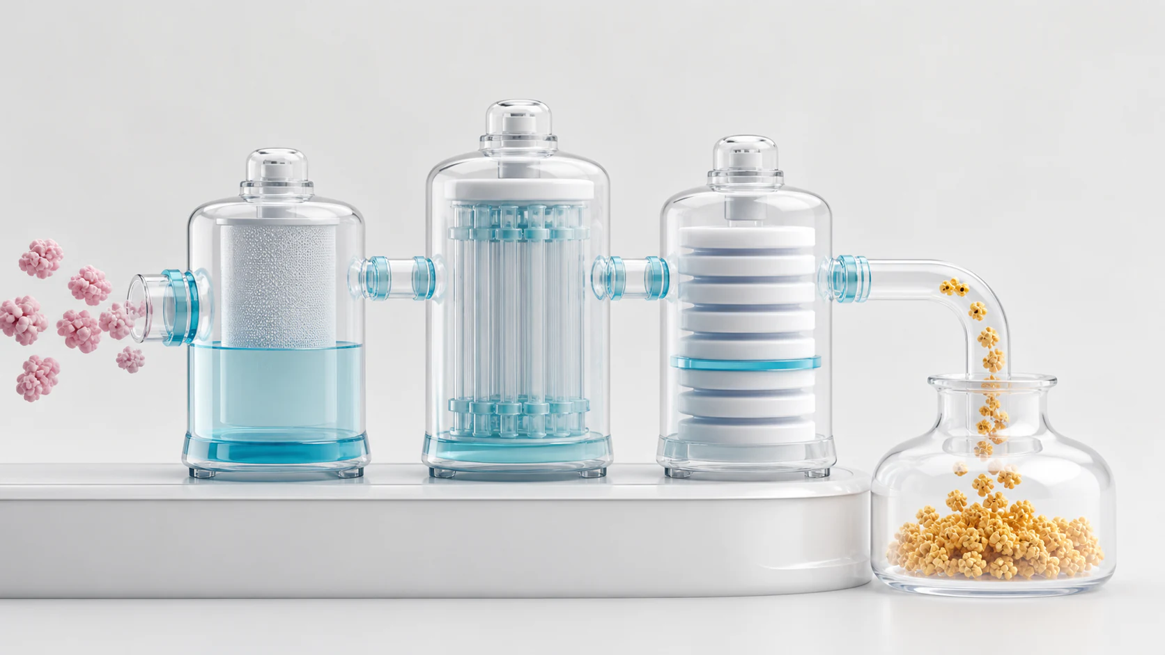 Glossy pastel downstream purification modules with amber product particles in a clear vessel