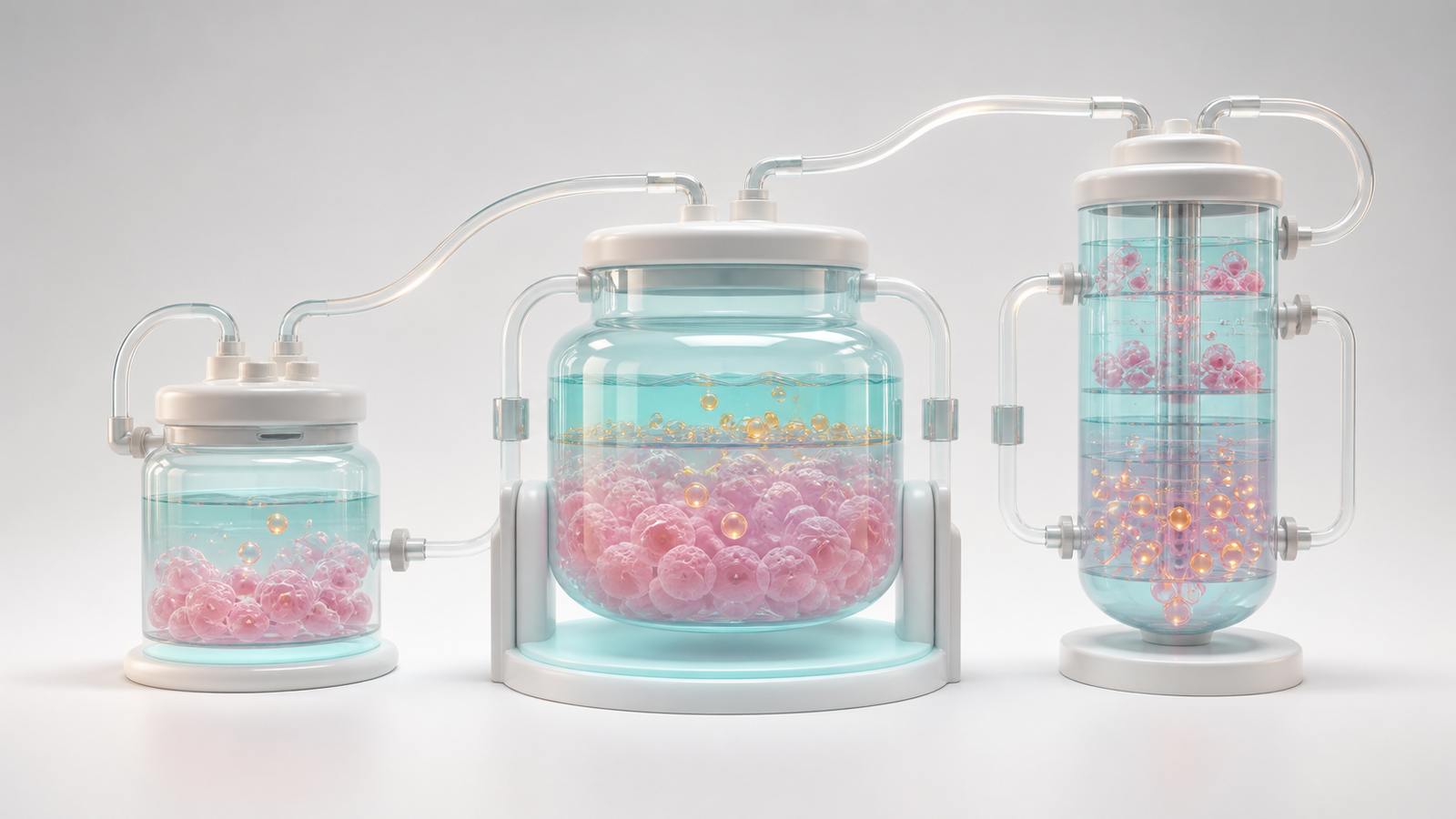 Coordinated pastel bioprocess modules showing a reusable manufacturing visual system