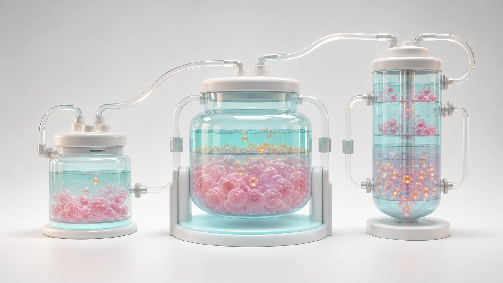 Coordinated pastel bioprocess modules showing a reusable manufacturing visual system