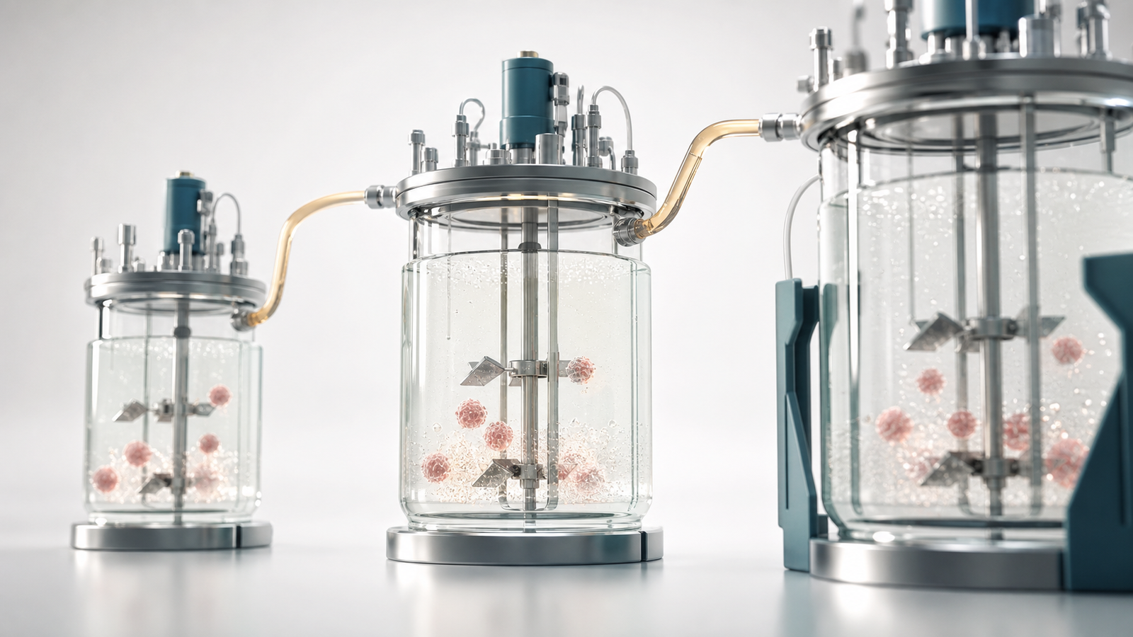 Wide 3D render of staged bioreactor vessels showing seed train scale-up for mammalian cell culture.