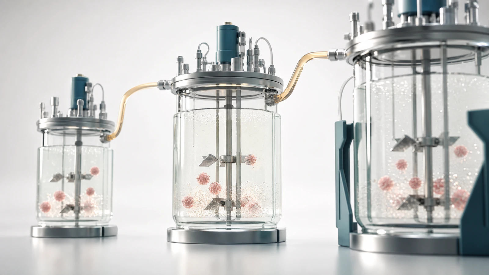 Wide 3D render of staged bioreactor vessels showing seed train scale-up for mammalian cell culture.