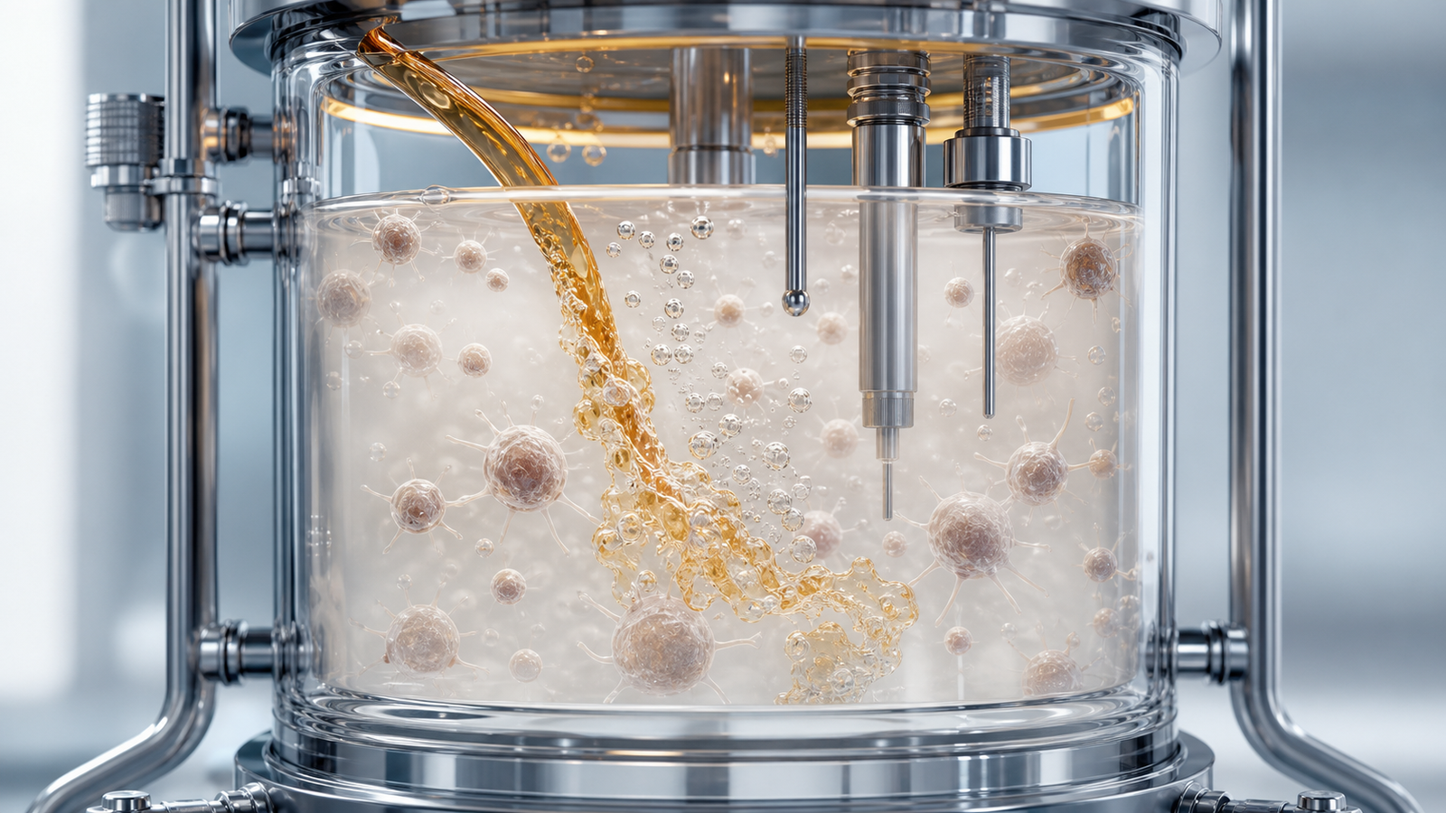 Wide 3D render of amber nutrient feed entering a controlled bioreactor culture with cells and probes.